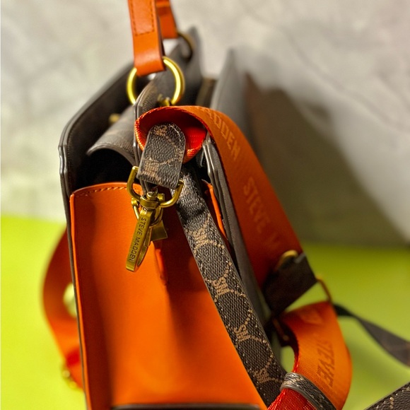 Steve Madden Brown Orange Monogram Luxury Tote Shoulder Bag Purse Gold Hardware - Picture 7 of 7